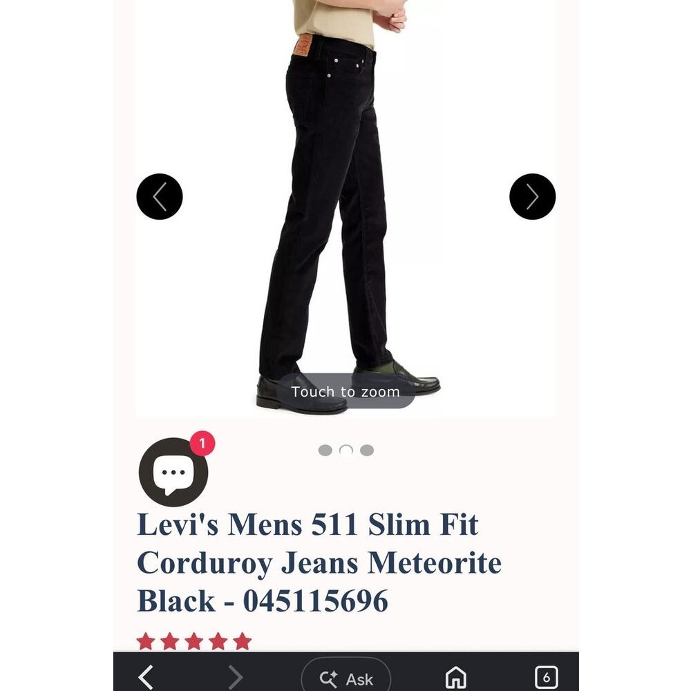 Levi's Mens 511 Slim Fit Corduroy Jeans Black 31X32 - Picture 5 of 5